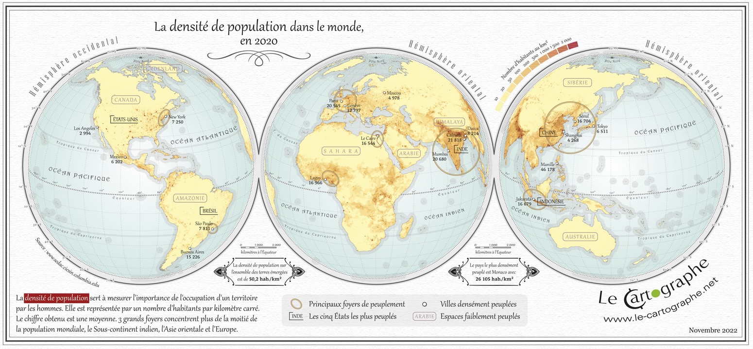 Carte : La densité de population dans le monde, en 2020