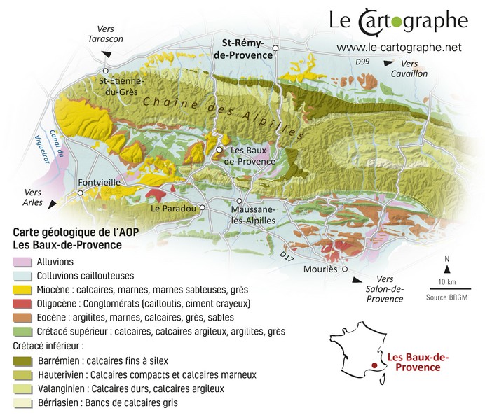 Carte géologique de l'AOP Baux-de-Provence