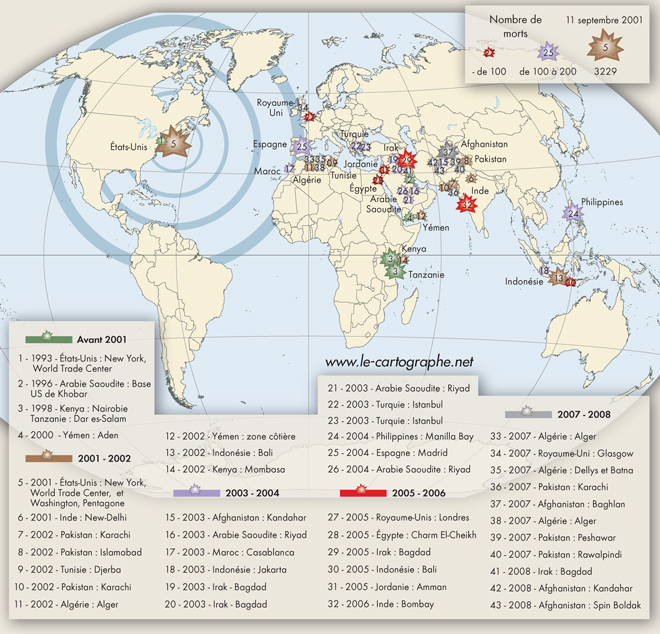 Carte - Les attentats d'Al-Qaida de 1993 à 2008 