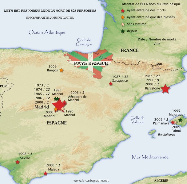 Carte - les attentats d'ETA hors du Pays basque