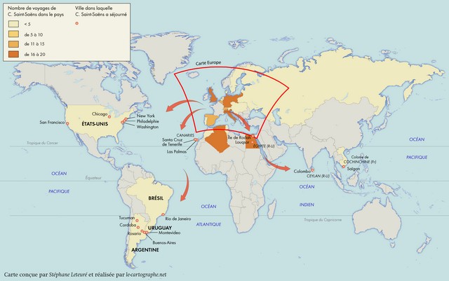 Carte : Les voyages de C. Saint-Saëns à travers le monde de 1870 à 1921