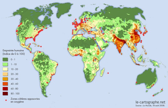 Carte : Les zones côtières menacées par un appauvrissement en oxygène