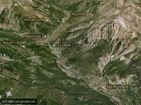 La Vallée de la Gyronde, des Vigneaux à Pelvoux (Google Earth)