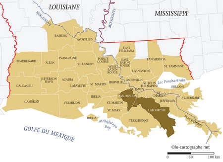 Carte : Les paroisses du cœur de la Louisiane francophone