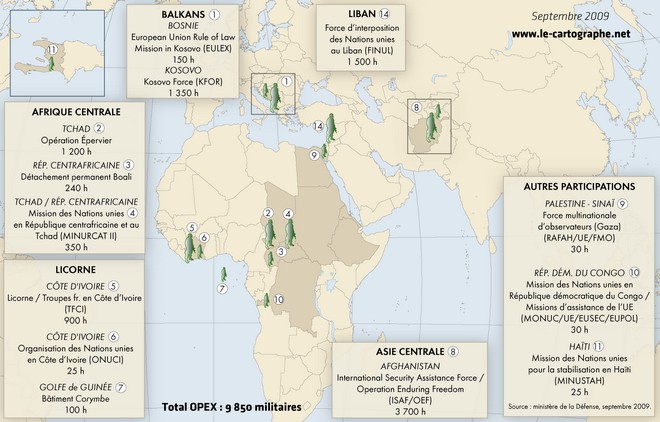 Carte - Les opérations extérieures (OPEX) de l'armée française en septembre 2009