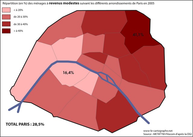 Carte : repartitions de revenus modeste à Paris en 2005