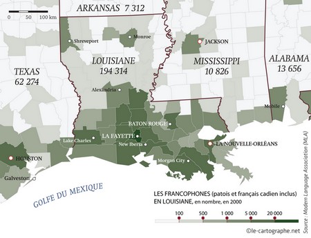 Carte : Les francophones en Louisiane (patois et français cadien inclus), en valeur absolue, en 2000