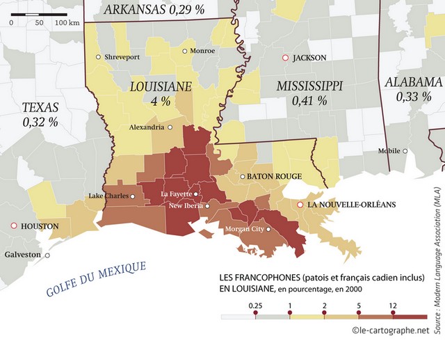 Carte : Pourcentage des francophones dans l'état de la Louisiane
