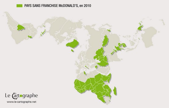 Carte : Pays n'ayant pas de franchise McDonalds, en 2010