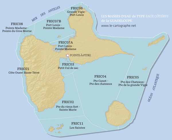 Carte : les masses d'eau de type eaux côtières en Guadeloupe