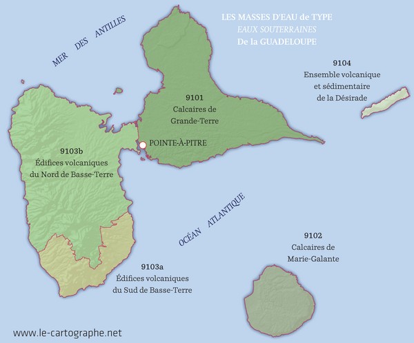 Carte : les masses d'eau de type eaux souterraines en Guadeloupe