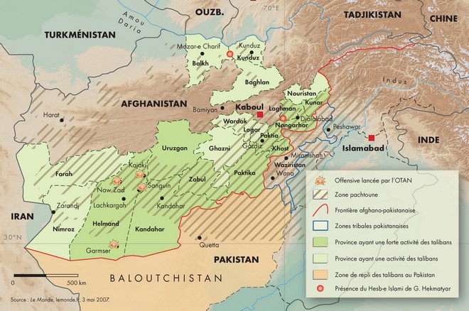 Carte - Les zones d'influence des talibans en Afghanistan en mars 2007