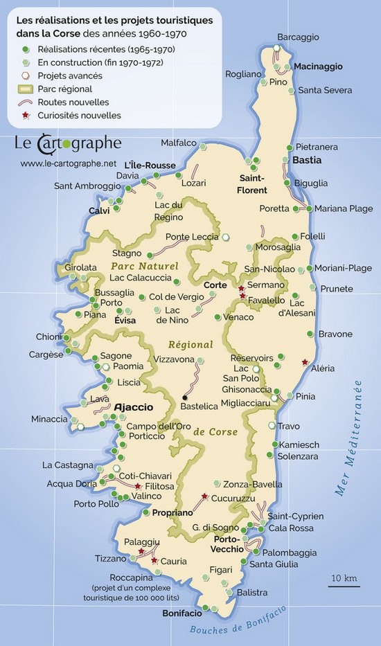 Carte : Les réalisations et les projets touristiques dans la Corse des années 1960-1970
