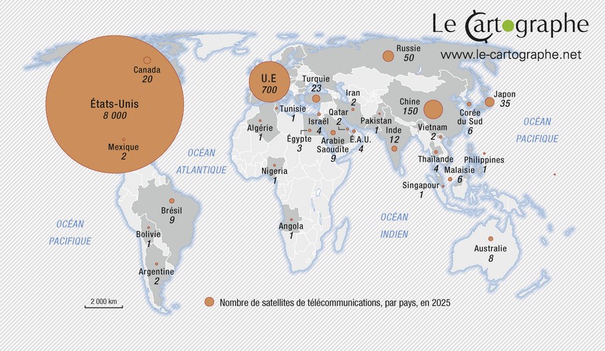 Carte : L'inégale répartition des satellites de télécommunication dans le monde