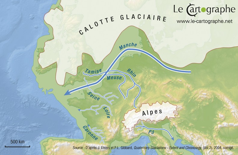 Carte : La calotte glaciaire nord-européenne pendant les dernières périodes de glaciation