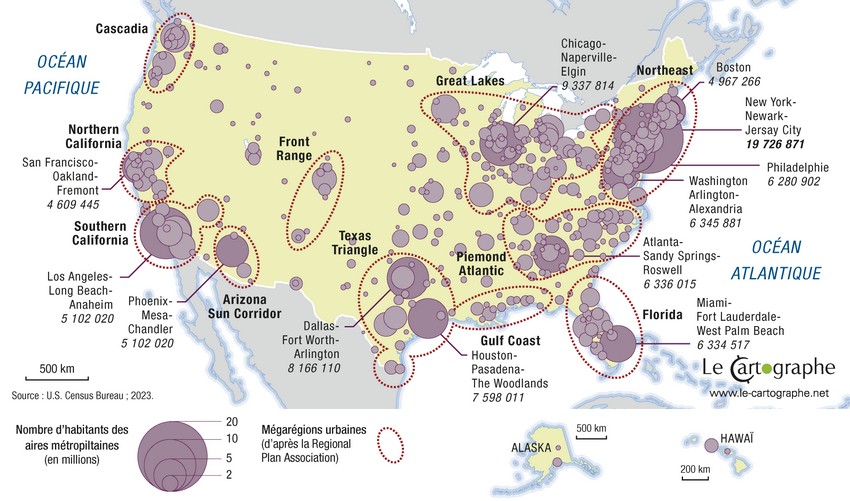 Carte : L'Amérique des villes et des ensembles urbains