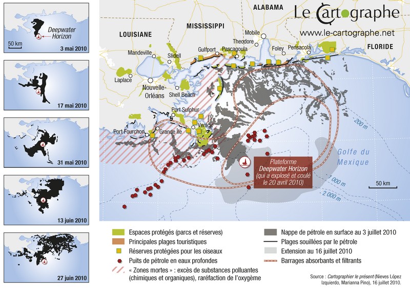 Carte : Pollutions dans le golfe du Mexique à la suite de l'explotion de la plateforme pétrolière Deepwater Horizon