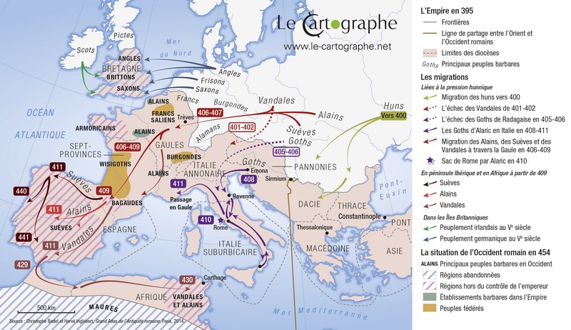 Carte : Migrations et invasions barbares dans le première moitié du Ve siècle