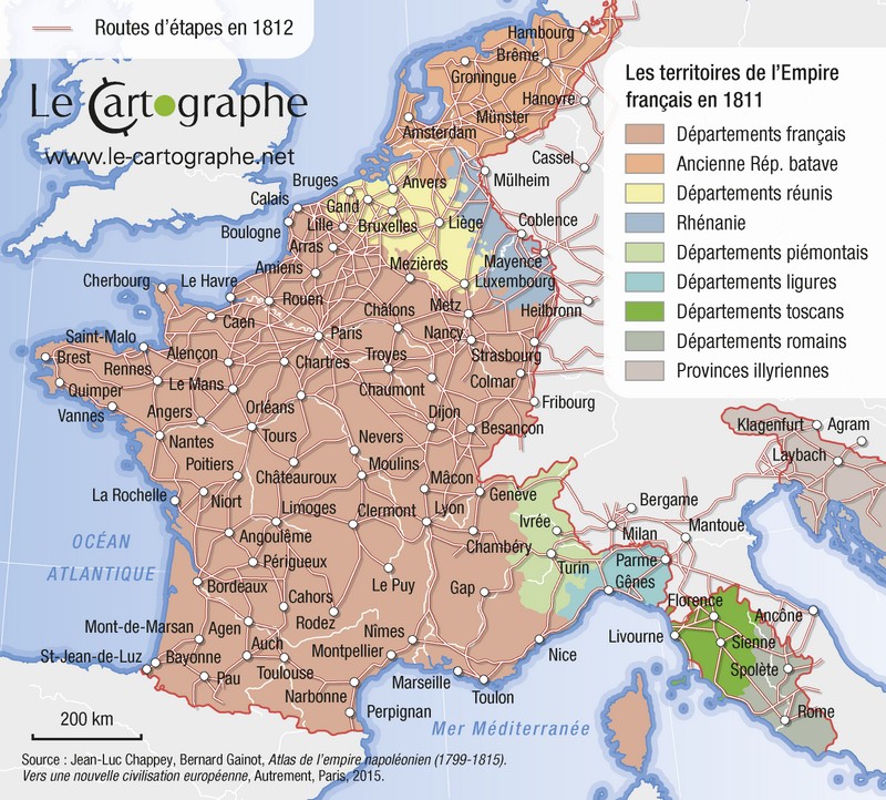Carte : Le réseau routier et les territoires de l'Empire français