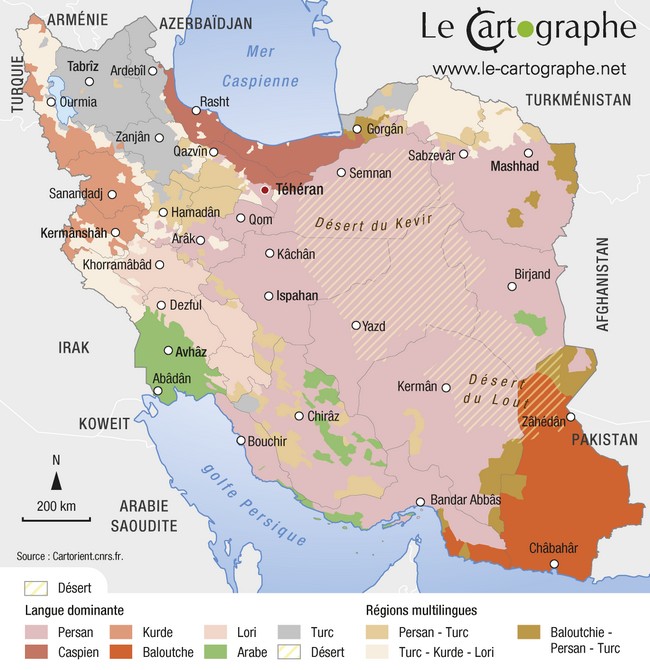 Carte : Iran, la diversité des héritages linguistiques