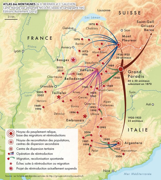 Carte : La réintroduction du bouquetin dans les Alpes occidentales