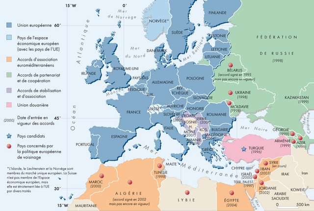 Carte : Les relations contractuelles entre l'Union Européenne et ses voisins 